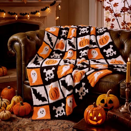 Halloween Ghost Blanket Spooky Pumpkin Bat Skull Knit Throw Blankets - color: Black and White, style: Halloween Reversible Ghost