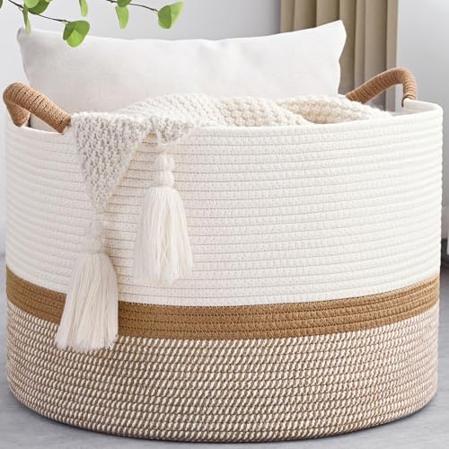 67L Large Blanket Basket, 20"x13" Woven Storage Baskets With Handle, Cotton Rope Blanket Basket Living Room, Baby Laundry hamper for Blanket, Nursery, Toy, Pillow (White & Brown) - color: White & Brown, size: 67L