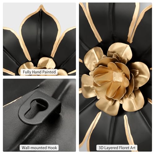 Villa Como Set of 3 Black and Gold Metal Flowers Wall Art Decor 10" - color: # 3 Black and Gold
