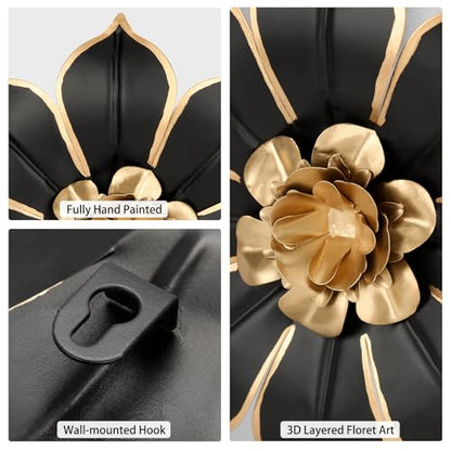 Villa Como Set of 3 Black and Gold Metal Flowers Wall Art Decor 10" - color: # 3 Black and Gold