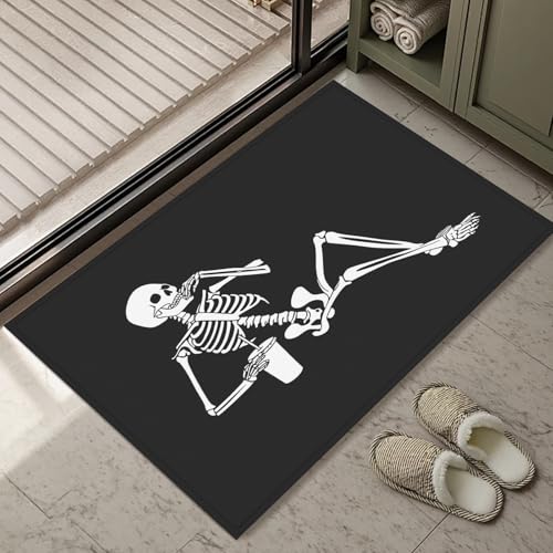 Black Skull Bath Mat Rug, Skeleton Door Mat Doormat Entrance Non-Slip Bathroom Rugs for Entryway Bathroom Kitchen 17 x 30 Inch - color: Black Skull