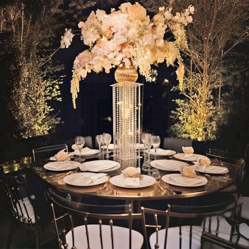 Efavormart 24" Heavy Duty Acrylic Flower Pedestal Vase with Hanging Crystal Beads, Clear Pillar Stand Wedding Table Centerpieces with Pre-Chained Garlands - 5mm Thick Plates - size: 24‘’