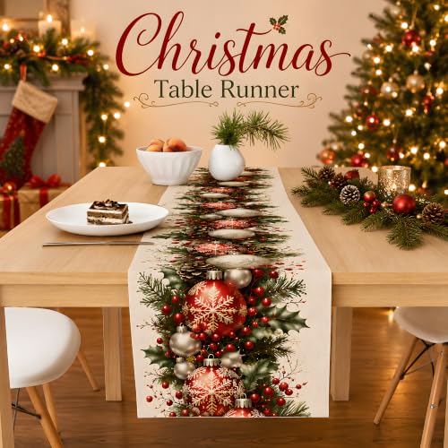 Christmas Decorations - Xmas Balls Snowflake Pine Cone Table Runner - color: Christmas Balls Snowflake