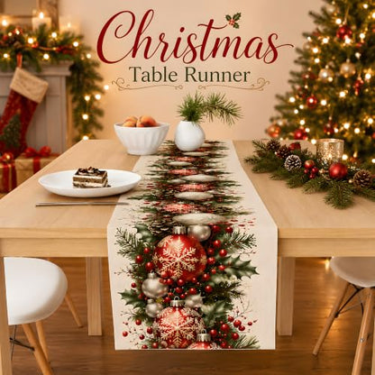 Christmas Decorations - Xmas Balls Snowflake Pine Cone Table Runner - color: Christmas Balls Snowflake