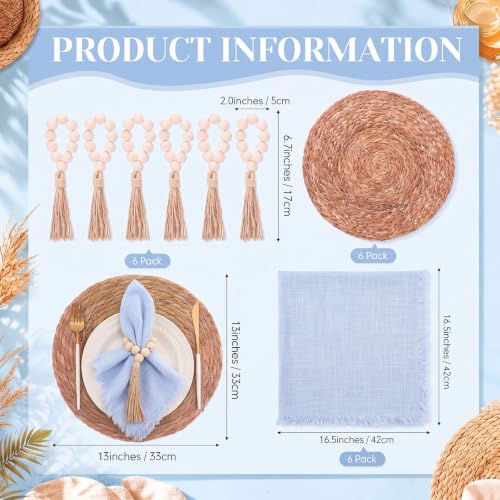 Fanfanwin Set of 6 Boho Woven Placemats with Light Blue Napkins, 13 in - color: Light Blue