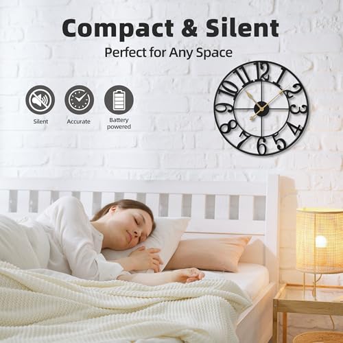 Wall Clock Battery Operated,Silent Non Ticking Modern Rustic Metal Small Clocks for Living Room/Bedroom/Office/Kitchen/Farmhouse Home Decor-16IN(Arabic Number-Black) - size: 16 inch