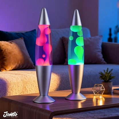 JAMBO 2 Pack- 16" Beautiful Lamp- Blue with Yellow/Green Wax and Purple with Pink Wax, Relaxing Liquid Lamp, Night Light Nightlight, Lamps for Adults Teens Kid - color: Silver Base, Blue Liquid, Yellow Wax AND Silver Base, Purple Liquid, Pink Wax