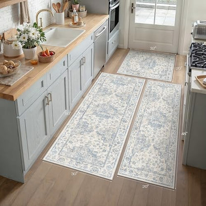 Washable Neutral Blue Kitchen Runner Rug Set of 3 - color: Neutral | Blue, size: 20"x32"+20"x48"+30"x50"