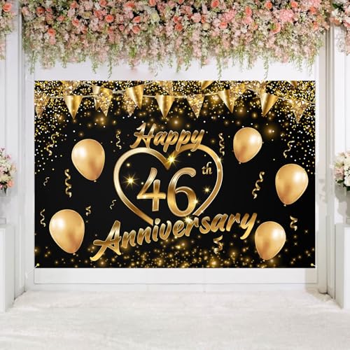 Happy 46th Anniversary Backdrop Party Decorations, Black Gold Glitter Bokeh Dots Valentine's Day Wedding Anniversary Party Photo Background Cake Table Banner Extra Large Wall Decor Props. 6 * 4ft (46) - color: 46