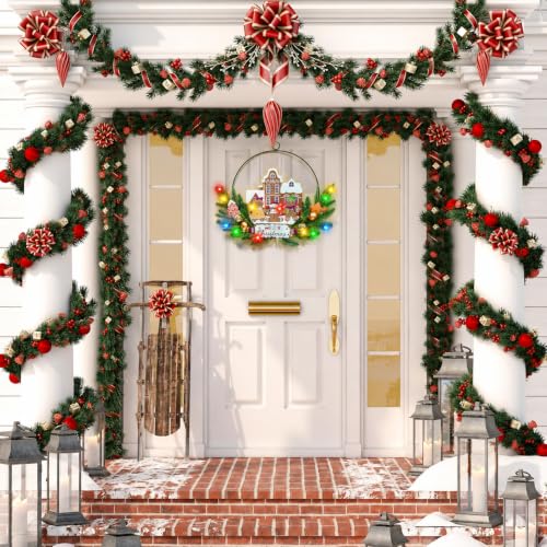 Pre-Lit Christmas Wreath for Front Door, Gingerbread with 6H On/18H Off - color: Gingerbread-multicolor