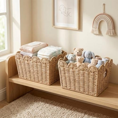Scalloped Storage Baskets Set of 2, Built-In Handles