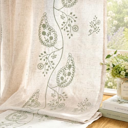 jinchan Linen Curtains 96 Inch Sage Floral Drapes Back Tab 2 Panels Set - color: Sage on Beige, size: 50"W x 96"L (Pack of 2)