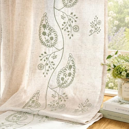 jinchan Linen Curtains 96 Inch Sage Floral Drapes Back Tab 2 Panels Set - color: Sage on Beige, size: 50"W x 96"L (Pack of 2)