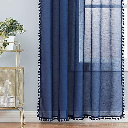 Pom Pom Navy Blue Sheer Curtains for Bedroom 52x84" Linen Textured Drape 2 - color: Classic Blue, size: 52"W x 84"L (Pack of 2)