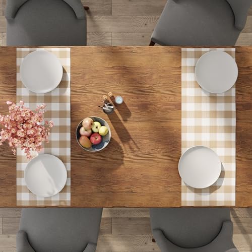 Encasa XO Table Runner, Woven Cotton Dining Linens 13"x36" Beige - color: Buffalo Beige Checks, size: 13x36 in