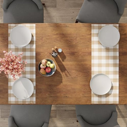 Encasa XO Table Runner, Woven Cotton Dining Linens 13"x36" Beige - color: Buffalo Beige Checks, size: 13x36 in