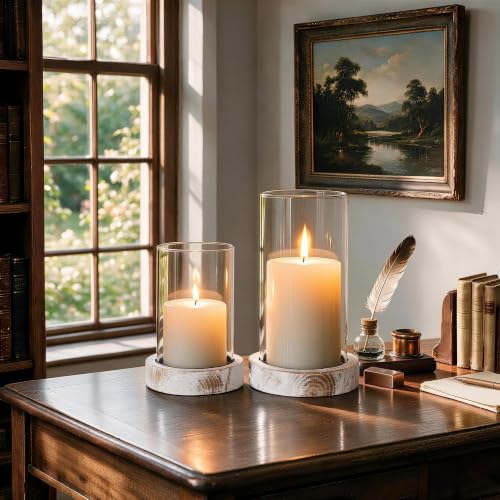 Hurricane Candle Holder Wooden: Set of 2 Candle Holder Pillar with Wood Base Clear Glass Sleeve – Rustic Wooden Candle Holders for Home Decor, Weddings, Table Centerpieces(White) - color: Rustic White