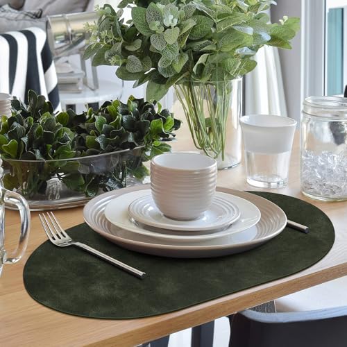 ADRIMER Oval Placemats Set of 6, Wipeable Faux Leather, Olive Green - color: Olive Green
