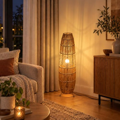 Hand Woven Rattan Floor Lamp,Boho Standing Lamps for Living Room - color: Rope