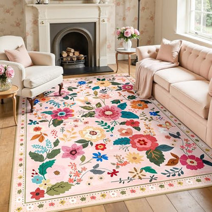 RELEANY Floral Washable 5x8 Area Rugs Pink - color: Pink, size: 5' x 8' (Rectangular)