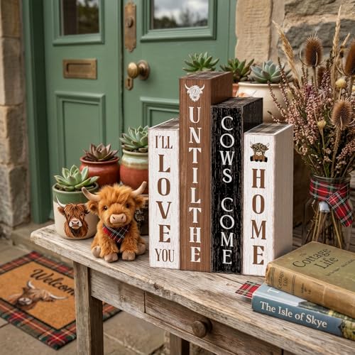 Xuhal 4 Pcs Highland Cow Table Decorations,Rustic Cow Wooden Book for Home - style: Highland Cow