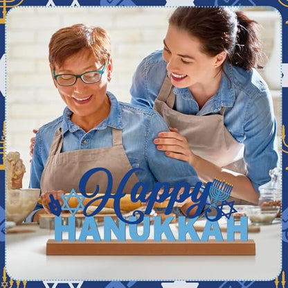 Yaocom 13.78 Inch Happy Hanukkah Table Decoration Happy Hanukkah Metal Letter Sign Star of David Freestanding Tabletop Centerpiece with Wooden Base Cutout Word Sign for Home Mantel Shelf Fireplace - style: Hanukkah