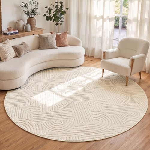 Etwel 6.5 ft Beige Geometric Textured High-Low Pile Washable Round Rug - color: Neutral Beige, size: 6'5"