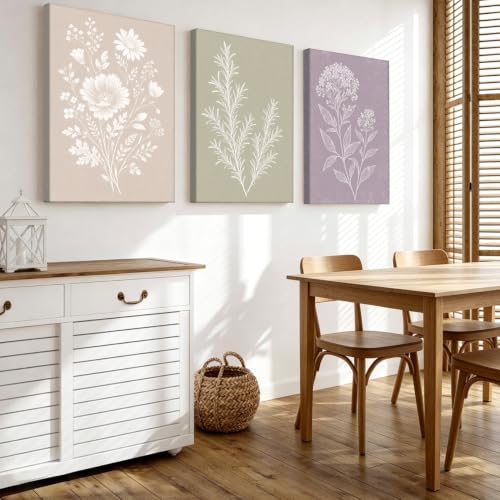 Framed Boho Wall Art Set of 3, Neutral Minimalist Botanical Canvas Prints Wildflower Wall Decor for Rustic Vintage Farmhouse Home Kitchen Living Room Bedroom Bathroom 12"x16" - color: 08, size: 12" L x 16"W