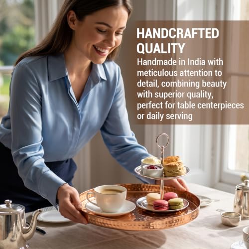 MyGift 11 Inch Deluxe Hammered Copper Kithchen Accessories Tray - Aluminum Plated Copper Platter and Vanity Tray - Handcrafted in India