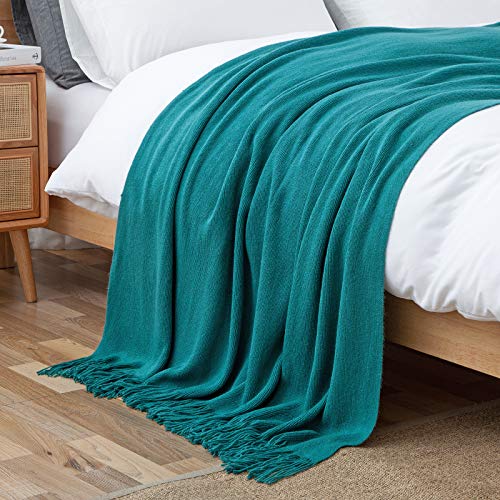 Vonty Teal Knitted Throw Blanket with Tassels Fringe, 50x60 Acrylic - color: Teal, size: 50" x 60"