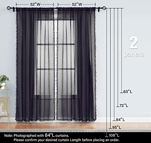 Black Pom Pom Sheer Curtains for Bedroom 52x63" Voile Draperies Guest Room - color: Modern Black, size: 52"W x 63"L (Pack of 2)