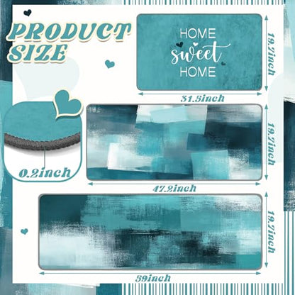 Fourluoo 3 Pcs Teal Turquoise Kitchen Rugs and Mats Set - color: Teal
