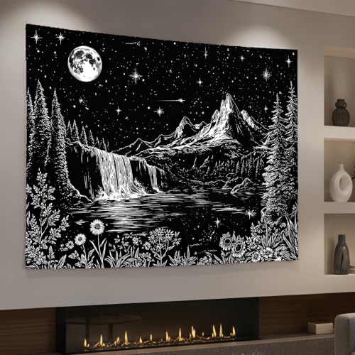 Accnicc Black and White Forest Mountain Tapestry 80x60 Inch - color: Black and White Waterfall, size: 80"L x 60"W