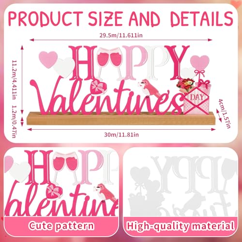 MiniInflat Happy Valentine's Day Metal Sign Valentines Heart Table Centerpiece Valentine's Tiered Tray Decor Pink and White Sign with Wood Base for Home Office Tabletop Mantel Shelf Fireplace Desktop - style: Happy Valentines