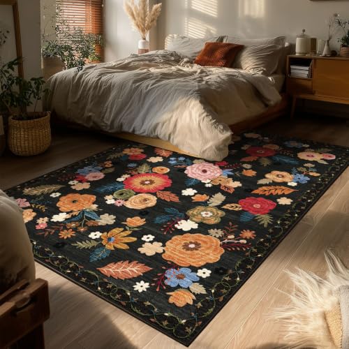 4x6 Washable Small Bedroom Rug: Living Room Area Rugs Non Slip Throw Carpet - color: Black Floral, size: 4' x 6' (Rectangular)