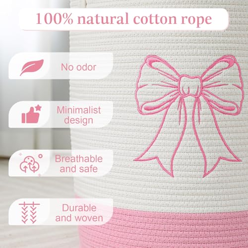 Honeydak Pink Bow Cotton Rope Laundry Basket Hamper, Bowknot - style: Bowknot