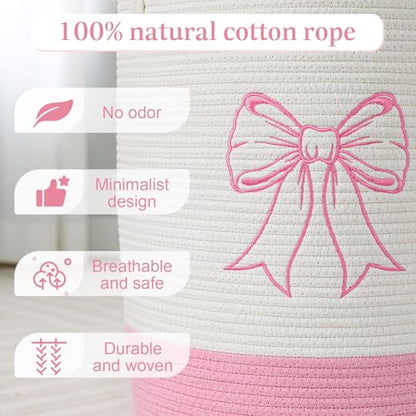 Honeydak Pink Bow Cotton Rope Laundry Basket Hamper, Bowknot - style: Bowknot