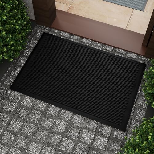 Ottomanson Waterproof Rubber Outdoor Doormat – Heavy-Duty Non-Slip Rubber Floor Mat with Ridge Scraper Pattern, All-Weather Front Door Entry Mat for Mud & Dirt Control – 24" x 36", Black - color: Black - Dash, size: 2' x 3' (Mat)