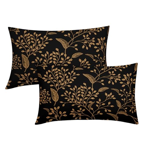 Boho Lumbar Pillow Covers 12X20 Inch Set of 2 Black Gold Floral Leaves Decorative Pillow Cases Vintage Flower Leaf Cotton Linen Cushion Case Farmhouse Home Decor for Sofa Couch Porch Outdoor - color: Gold Leaf, size: 20" x 12" (Pack of 2)