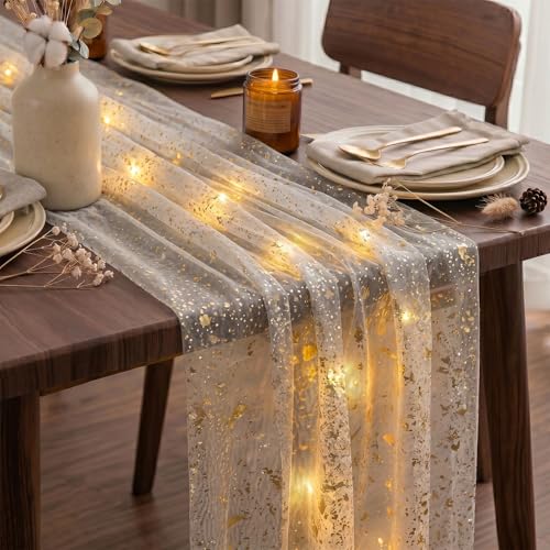 Artscope Lighted Beige Gold Gauze Table Runner,Glitter and Foil Table Decor for Weddings Anniversary Birthday and Holiday Party Decorations – 28" x 120" - color: Beige Gold