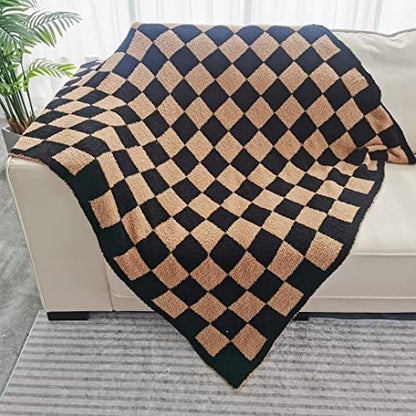 Ultra Soft Checkered Blanket Cozy Buffalo Check Throw Fluffy Knitted Reversible Throw Blanket Lightweight Fleece Checkerboard Grid Blanket for Sofa Couch Bed Travel, Black/Camel, 51''x63'' - color: Black/Camel