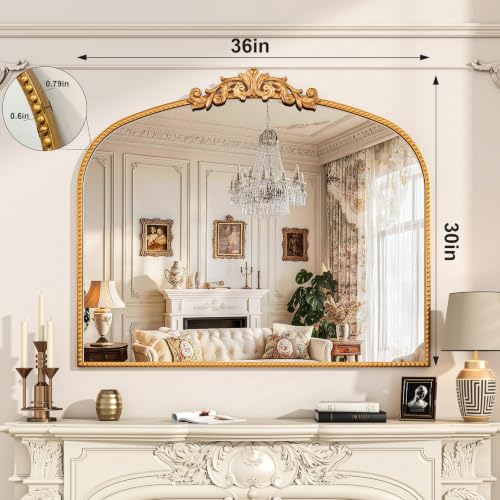 Vintage Gold Baroque Arched Metal Wall Mirror 36"x30" - size: 36"L x 30"W
