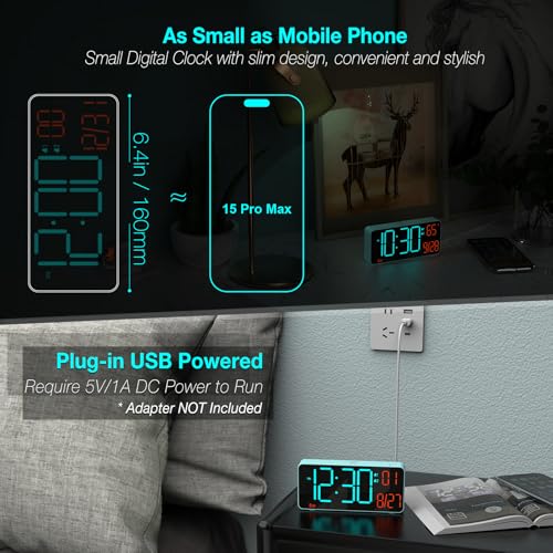 KOSUMOSU Alarm Clock for Bedroom, 6.7in Small Digital Clock, Auto Dimming, Room Temperature, Day of The Week, Date, Alarm Clocks for Living Room, Desk Clocks - color: Blue (Blue + Orange Digits)