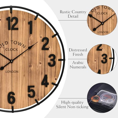 EMAX HOME Large Old Town Farmhouse Wall Clock 30 Inches Rustic Antique Wood with Metal Circle and Large Numerals Silent Battery Operated Wall Clock for Office Kitchen Bedroom Living Room - color: Brown, size: 30 Inch