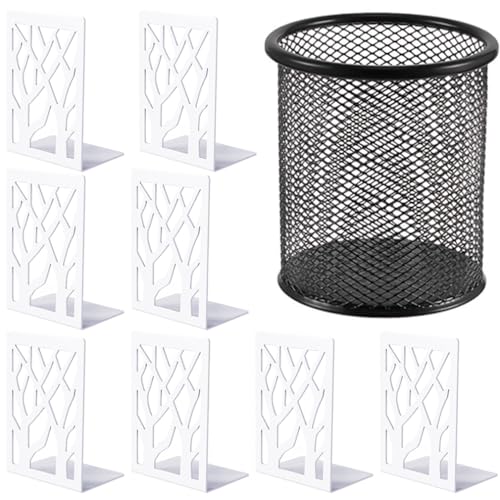 4 Pack BookEnds,Pen Holder Decorative Metal Heavy Duty Book End Supports for Bookrack Desk - color: White, size: 4 Pair