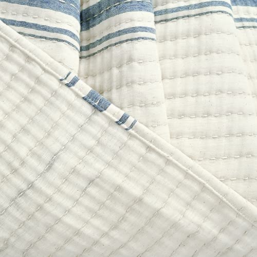 Lush Decor Farmhouse Stripe Kantha Pick Stich Yarn Dyed Cotton Woven Throw Reversible Ticking Pinstripe Design Blanket, 50" x 60", Blue - color: Blue