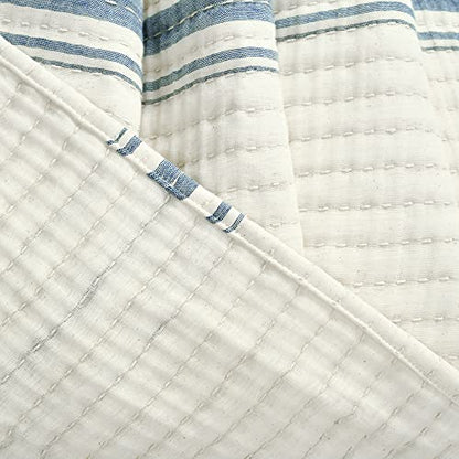 Lush Decor Farmhouse Stripe Kantha Pick Stich Yarn Dyed Cotton Woven Throw Reversible Ticking Pinstripe Design Blanket, 50" x 60", Blue - color: Blue