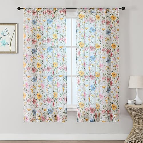 OWENIE Floral Sheer Curtains - 63 Inch Length 2 Panels Set for Living Room Girls Bedroom, Printed Pink Floral Pattern Farmhouse Light Filtering Crinkle Sheer for Spring Decor, 2 Pcs Each 42" Wx63 L - size: 42"W x 63"L (Pack of 2)