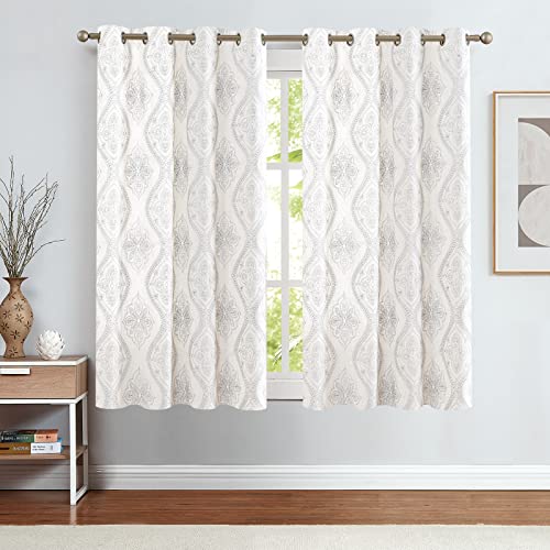 jinchan Boho Floral Linen Curtains 63 Inch Grey on Ecru Grommet 2 Panels - color: Damask Grey, size: 50"W x 63"L (Pack of 2)
