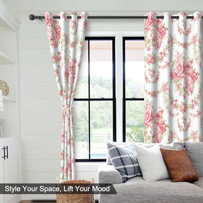Pink Rose Spring Curtains for Girls Bedroom, Cute Floral Blackout Curtains for Bedroom and Nursery, Room Darkening Thermal Living Room Bedroom Curtains 84 Inch Length 2 Panels Set with Tiebacks - color: Pink Roses